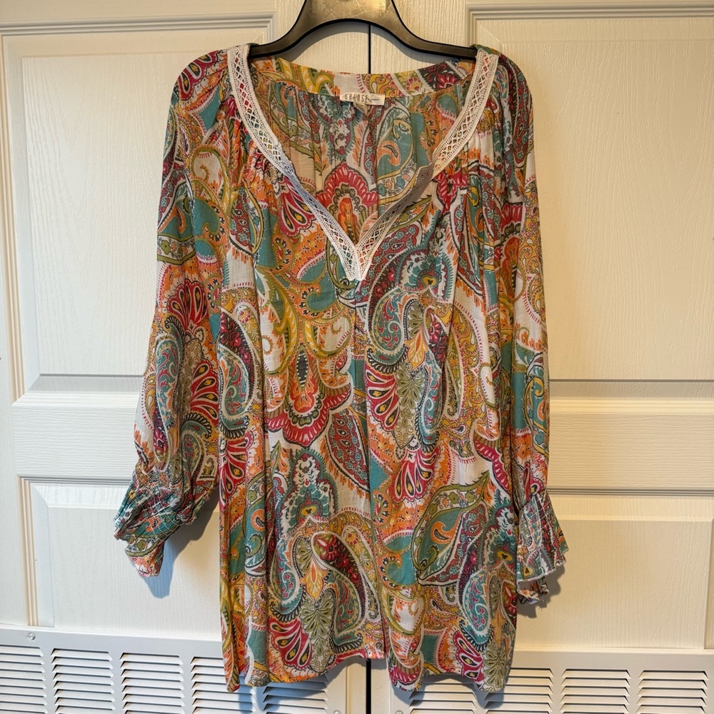 Spense Women Colorful Paisley Flowy Tunic Blouse Size 2X.  Crochet neckline.